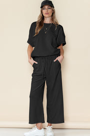 Black Textured Loose Fit T Shirt and Drawstring Pants Set Lakhufashion