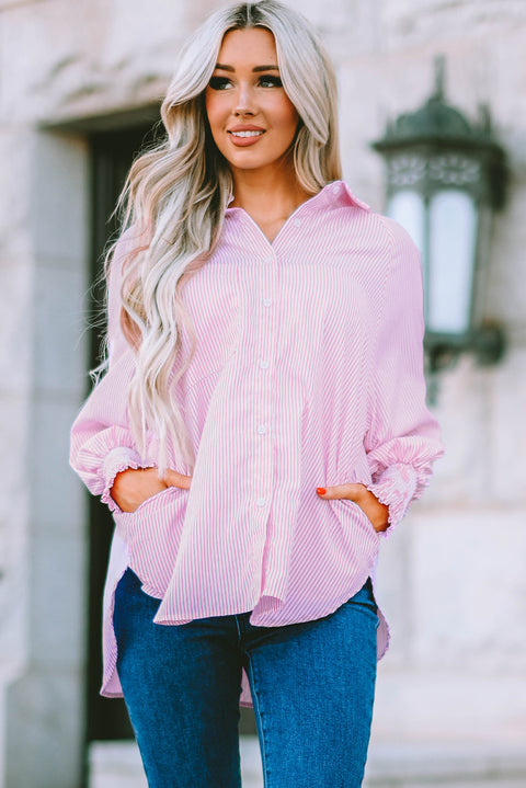 Pink Striped Casual Shirred Cuffs Shirt Lakhufashion