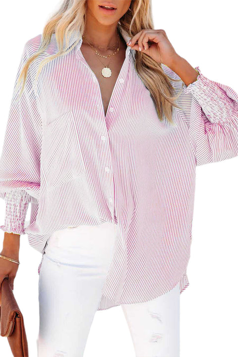 Pink Striped Casual Shirred Cuffs Shirt Lakhufashion