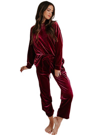 Red Solid Velvet Round Neck Top & Drawstring Pants Longe Set Lakhufashion