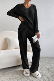 Khaki Slouchy Ribbed Knit V Neck Top & Pants Loungewear Set Lakhufashion
