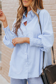 Pink Striped Casual Shirred Cuffs Shirt Lakhufashion