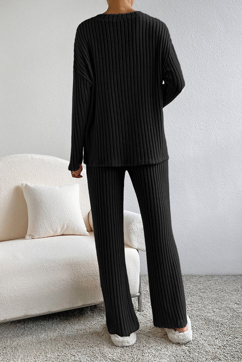 Khaki Slouchy Ribbed Knit V Neck Top & Pants Loungewear Set Lakhufashion
