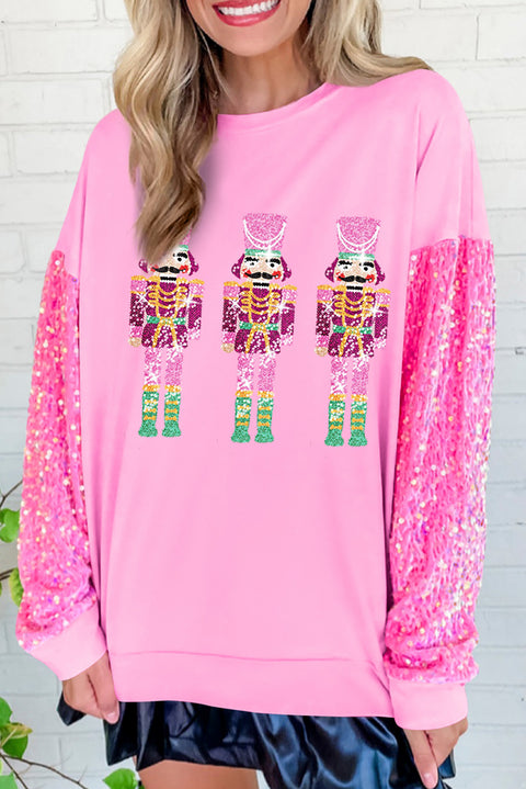 Pink Nutcracker Sequin Sleeve Patchwork Graphic Sweatshirt Lakhufashion