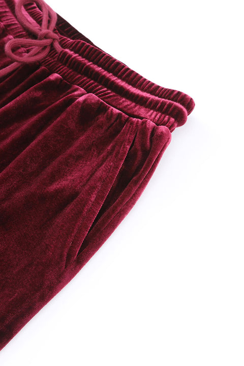 Red Solid Velvet Round Neck Top & Drawstring Pants Longe Set Lakhufashion