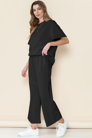 Black Textured Loose Fit T Shirt and Drawstring Pants Set Lakhufashion