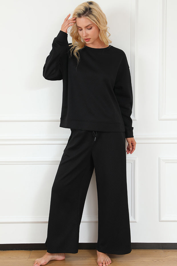 Black Textured Loose Slouchy Long Sleeve Top and Pants Set - Lakhufashion
