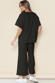 Black Textured Loose Fit T Shirt and Drawstring Pants Set Lakhufashion