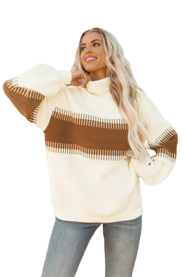 White Ribbed High Neck Bishop Sleeve Sweater Lakhufashion