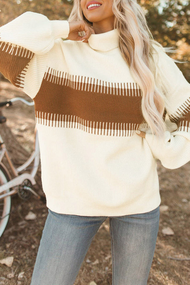 White Ribbed High Neck Bishop Sleeve Sweater Lakhufashion