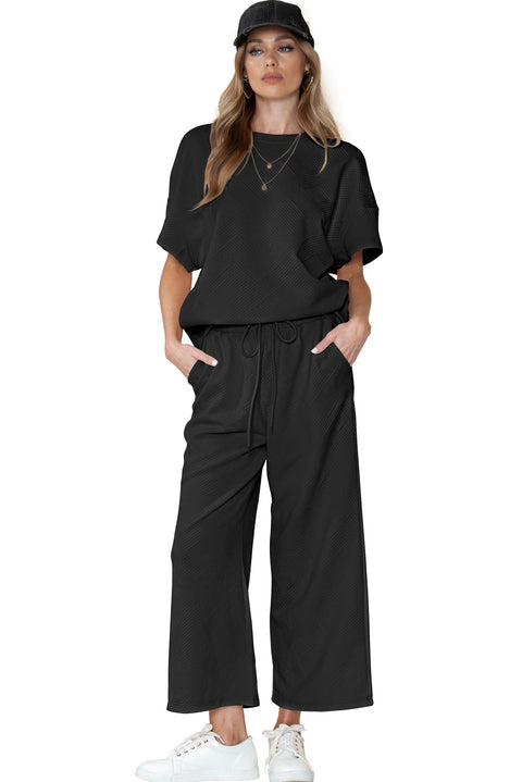 Black Textured Loose Fit T Shirt and Drawstring Pants Set Lakhufashion