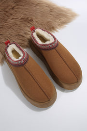 Chestnut Suede Contrast Print Round Toe Plush Lined Flats Lakhufashion