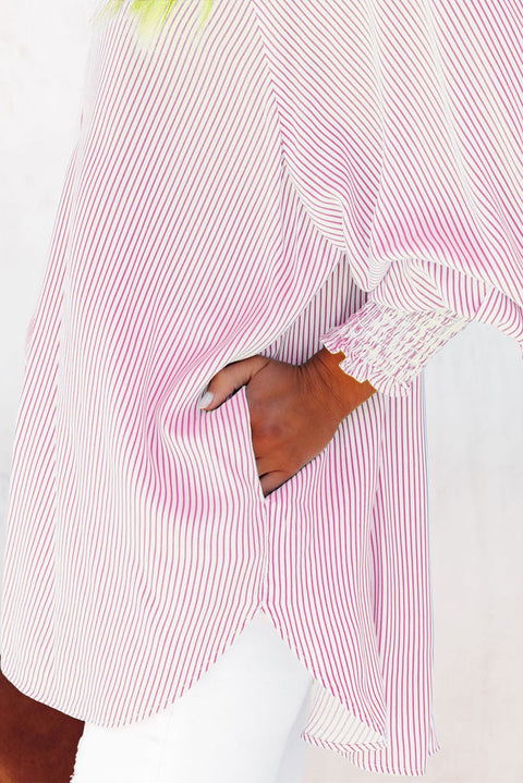 Pink Striped Casual Shirred Cuffs Shirt Lakhufashion