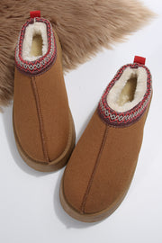 Chestnut Suede Contrast Print Round Toe Plush Lined Flats Lakhufashion