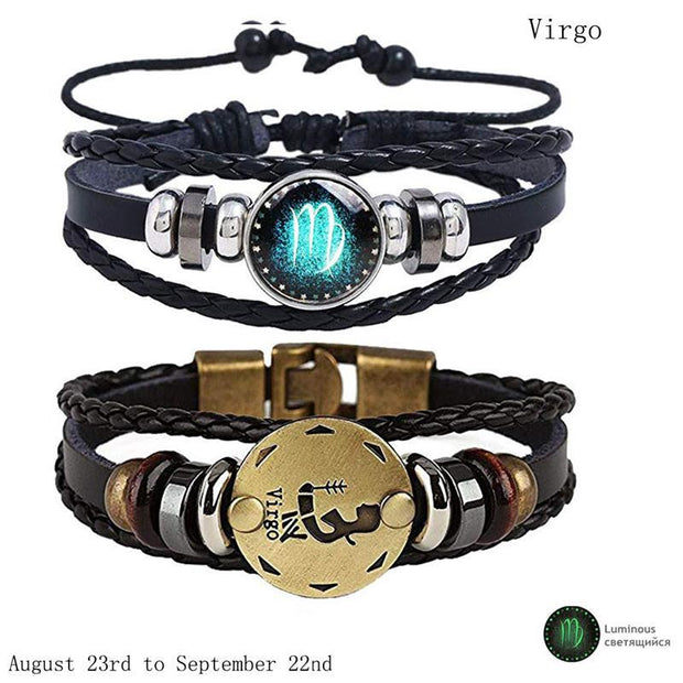 2pcs 12 Constellation Bracelet  Zodiac Sign Black Braided Leather Bangle Aries Leo Libra Luminous Dome Jewelry Punk Men Bracelet - Lakhufashion