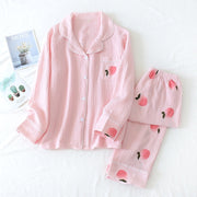 Spring New Ladies Pajamas Set Heart Printed Crepe Cotton Double-layer Gauze Turn-down Collar Long-sleeve Trousers Household Wear - Lakhufashion