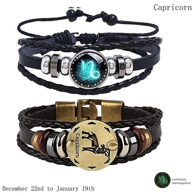 2pcs 12 Constellation Bracelet  Zodiac Sign Black Braided Leather Bangle Aries Leo Libra Luminous Dome Jewelry Punk Men Bracelet - Lakhufashion