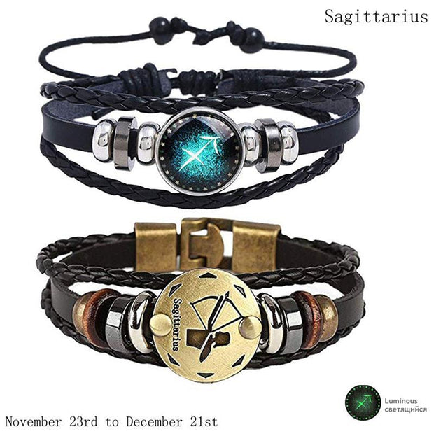 2pcs 12 Constellation Bracelet  Zodiac Sign Black Braided Leather Bangle Aries Leo Libra Luminous Dome Jewelry Punk Men Bracelet - Lakhufashion