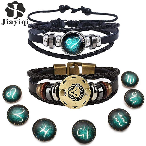 2pcs 12 Constellation Bracelet  Zodiac Sign Black Braided Leather Bangle Aries Leo Libra Luminous Dome Jewelry Punk Men Bracelet - Lakhufashion