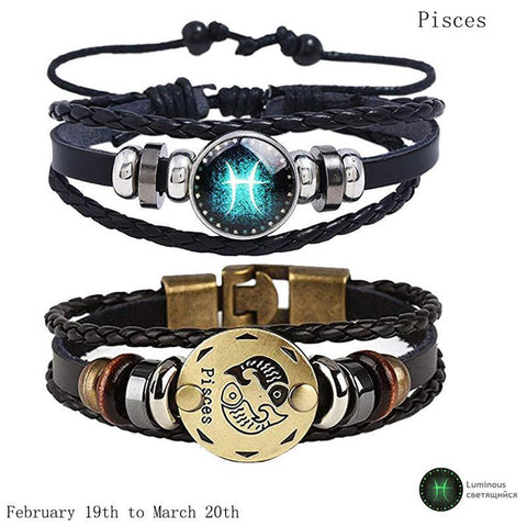 2pcs 12 Constellation Bracelet  Zodiac Sign Black Braided Leather Bangle Aries Leo Libra Luminous Dome Jewelry Punk Men Bracelet - Lakhufashion