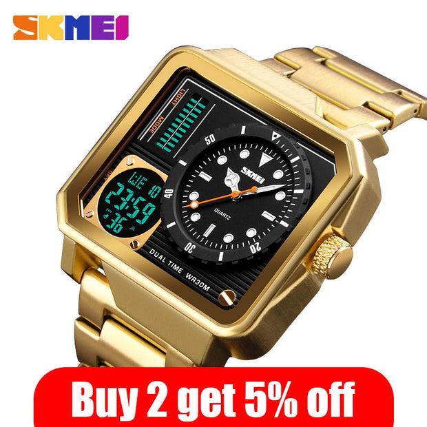 SKMEI Digital/Quartz Watch Men Stainless Steel Strap Wristwatches Double Time Display Male Clock Watches Relogio Masculino 1392