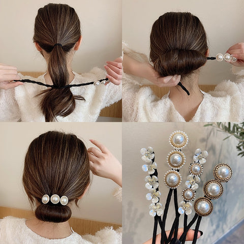 Woman Elegant Pearl Hair Bun Maker Tool Girl Flower Pontail Band Hairstyle Donut Hair Accessories Braider Twist  Headwear - Lakhufashion