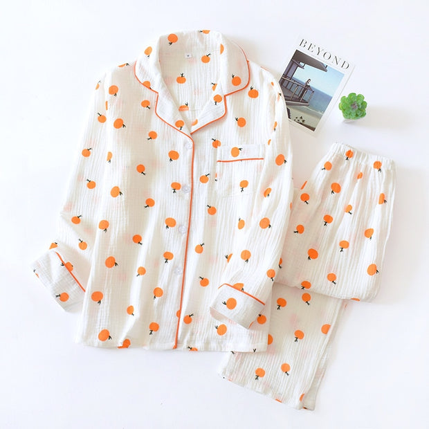 Spring New Ladies Pajamas Set Heart Printed Crepe Cotton Double-layer Gauze Turn-down Collar Long-sleeve Trousers Household Wear - Lakhufashion