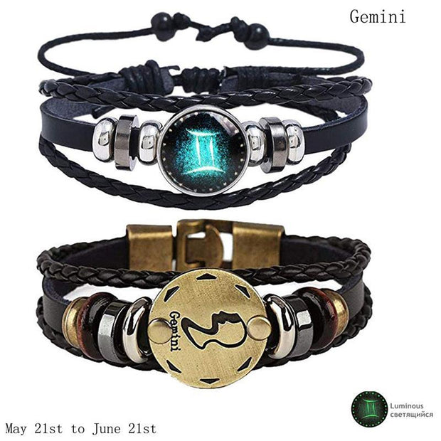 2pcs 12 Constellation Bracelet  Zodiac Sign Black Braided Leather Bangle Aries Leo Libra Luminous Dome Jewelry Punk Men Bracelet - Lakhufashion