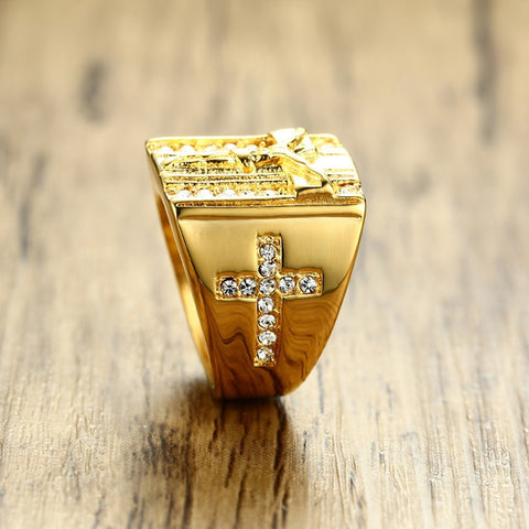 Vnox Punk Jesus Christ Cross Chunky Ring for Men Stainless Steel Crystals Religion Prayer Male Hip-hop Jewelry Gold Color - Lakhufashion