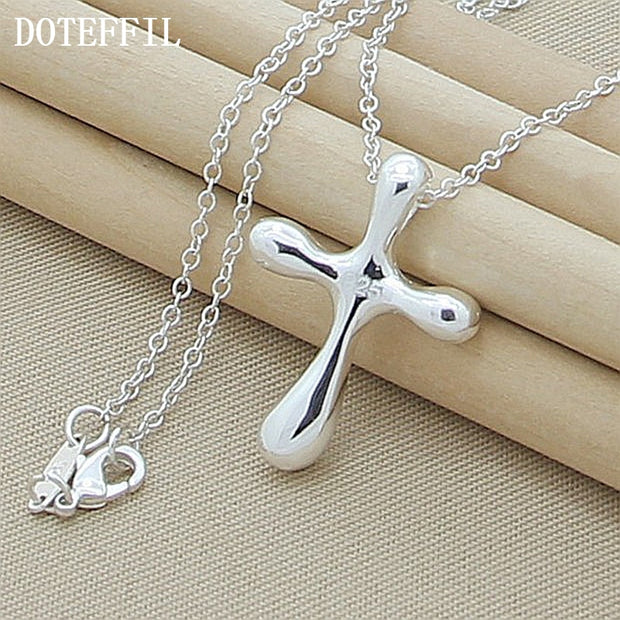 DOTEFFIL 925 Sterling Silver Droplets Cross Pendant Necklace 18 Inches Chain For Woman Wedding Engagement Jewelry - Lakhufashion