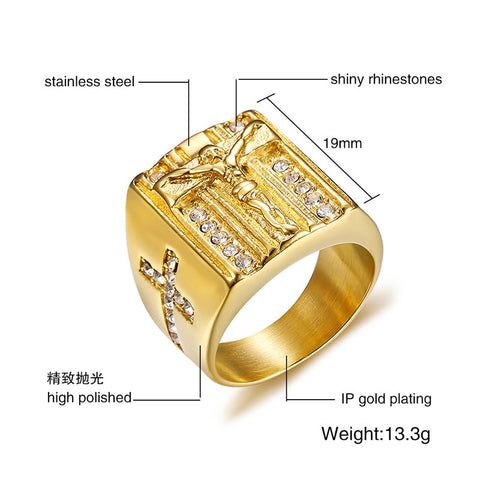 Vnox Punk Jesus Christ Cross Chunky Ring for Men Stainless Steel Crystals Religion Prayer Male Hip-hop Jewelry Gold Color - Lakhufashion