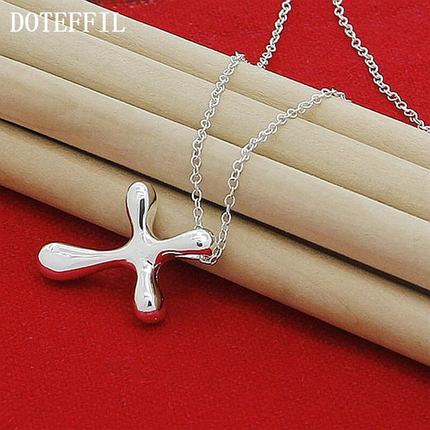 DOTEFFIL 925 Sterling Silver Droplets Cross Pendant Necklace 18 Inches Chain For Woman Wedding Engagement Jewelry - Lakhufashion