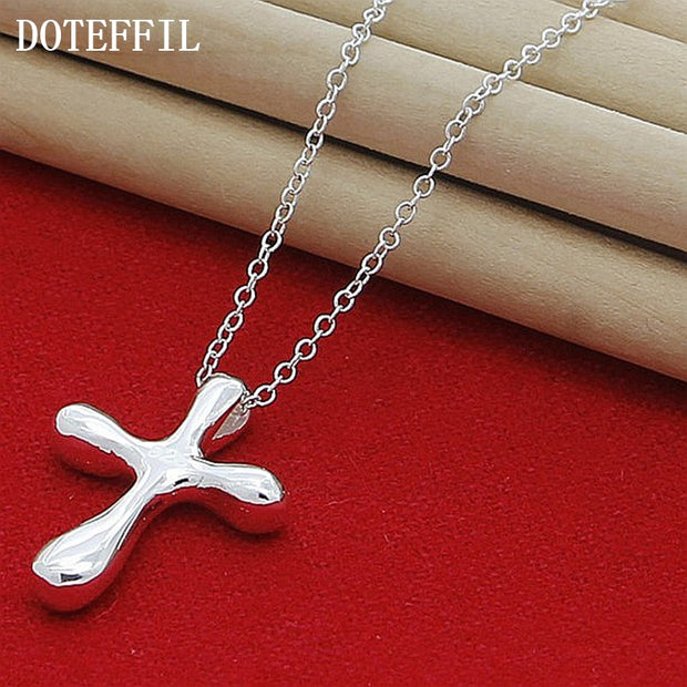 DOTEFFIL 925 Sterling Silver Droplets Cross Pendant Necklace 18 Inches Chain For Woman Wedding Engagement Jewelry - Lakhufashion