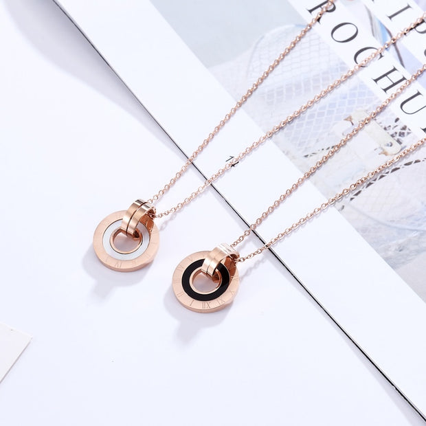 New Arrival Inner Circle White Shells And Black Enamel Roman Numeral Pendant Stainless Steel Necklace Woman - Lakhufashion