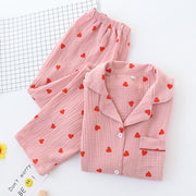 Spring New Ladies Pajamas Set Heart Printed Crepe Cotton Double-layer Gauze Turn-down Collar Long-sleeve Trousers Household Wear - Lakhufashion