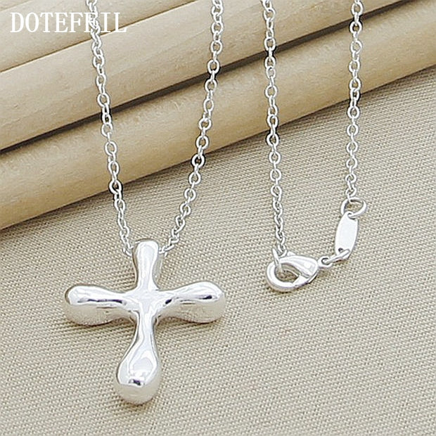 DOTEFFIL 925 Sterling Silver Droplets Cross Pendant Necklace 18 Inches Chain For Woman Wedding Engagement Jewelry - Lakhufashion