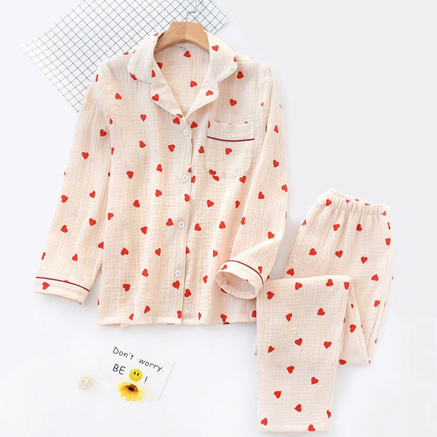 Spring New Ladies Pajamas Set Heart Printed Crepe Cotton Double-layer Gauze Turn-down Collar Long-sleeve Trousers Household Wear - Lakhufashion