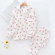 Spring New Ladies Pajamas Set Heart Printed Crepe Cotton Double-layer Gauze Turn-down Collar Long-sleeve Trousers Household Wear - Lakhufashion