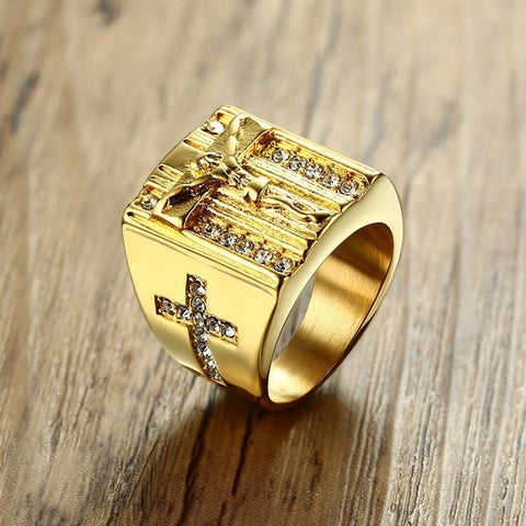 Vnox Punk Jesus Christ Cross Chunky Ring for Men Stainless Steel Crystals Religion Prayer Male Hip-hop Jewelry Gold Color - Lakhufashion