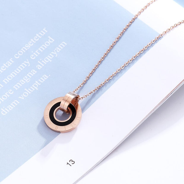 New Arrival Inner Circle White Shells And Black Enamel Roman Numeral Pendant Stainless Steel Necklace Woman - Lakhufashion