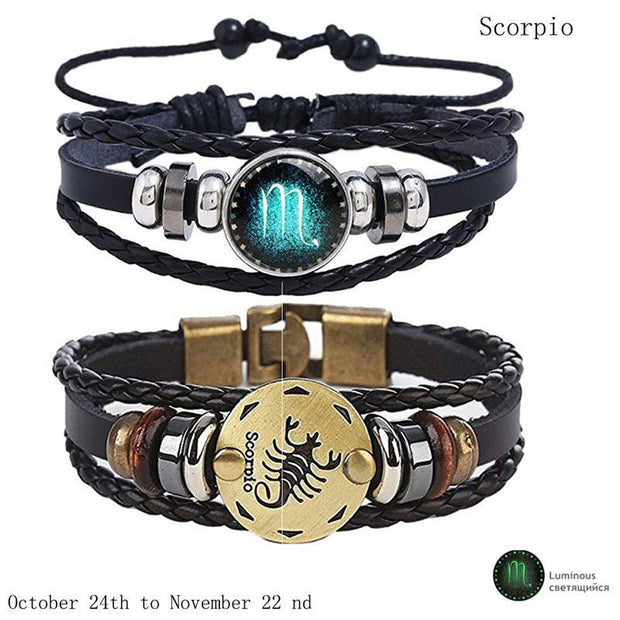 2pcs 12 Constellation Bracelet  Zodiac Sign Black Braided Leather Bangle Aries Leo Libra Luminous Dome Jewelry Punk Men Bracelet - Lakhufashion