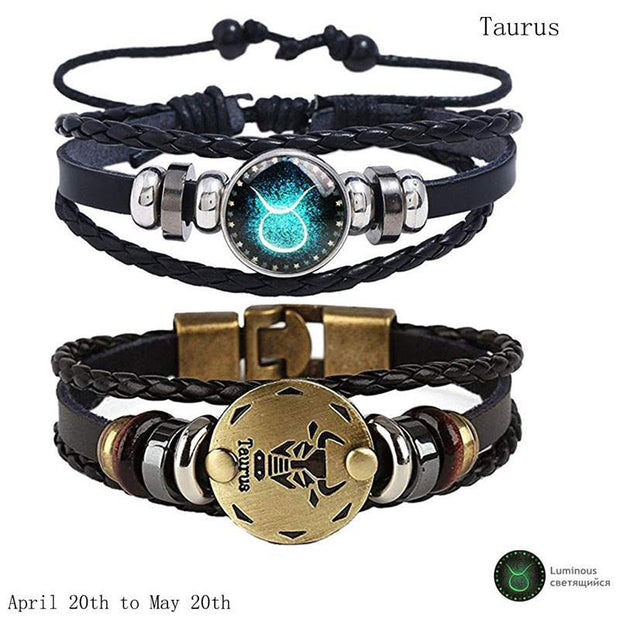 2pcs 12 Constellation Bracelet  Zodiac Sign Black Braided Leather Bangle Aries Leo Libra Luminous Dome Jewelry Punk Men Bracelet - Lakhufashion