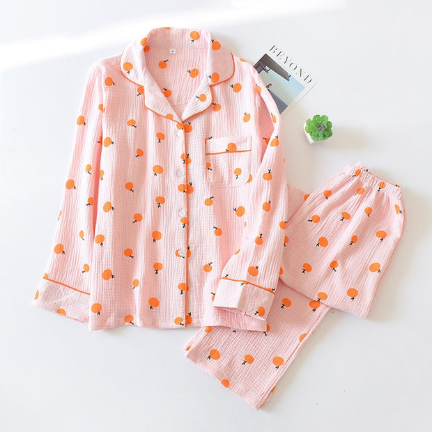 Spring New Ladies Pajamas Set Heart Printed Crepe Cotton Double-layer Gauze Turn-down Collar Long-sleeve Trousers Household Wear - Lakhufashion