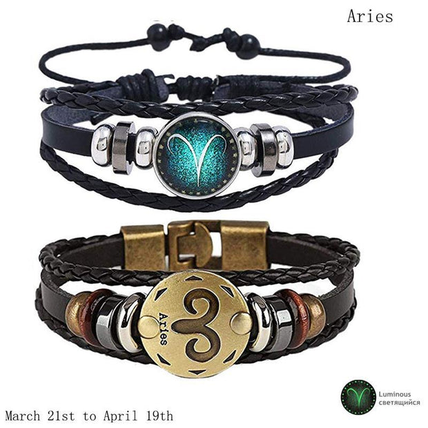 2pcs 12 Constellation Bracelet  Zodiac Sign Black Braided Leather Bangle Aries Leo Libra Luminous Dome Jewelry Punk Men Bracelet - Lakhufashion