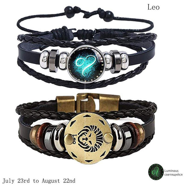 2pcs 12 Constellation Bracelet  Zodiac Sign Black Braided Leather Bangle Aries Leo Libra Luminous Dome Jewelry Punk Men Bracelet - Lakhufashion