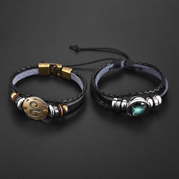 2pcs 12 Constellation Bracelet  Zodiac Sign Black Braided Leather Bangle Aries Leo Libra Luminous Dome Jewelry Punk Men Bracelet - Lakhufashion