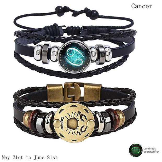 2pcs 12 Constellation Bracelet  Zodiac Sign Black Braided Leather Bangle Aries Leo Libra Luminous Dome Jewelry Punk Men Bracelet - Lakhufashion