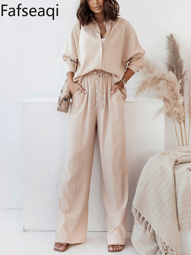 Spring Summer Blue Trouser Suit Set for Women Office Wear Chic Shirts Two Piece Suit Women Elegant Wide Pants Outfits Tracksuit - Lakhufashion