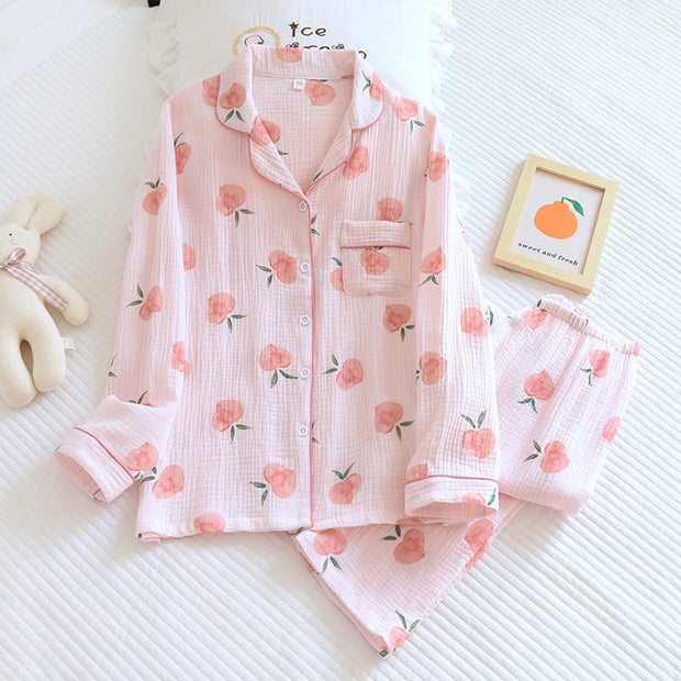 Spring New Ladies Pajamas Set Heart Printed Crepe Cotton Double-layer Gauze Turn-down Collar Long-sleeve Trousers Household Wear - Lakhufashion