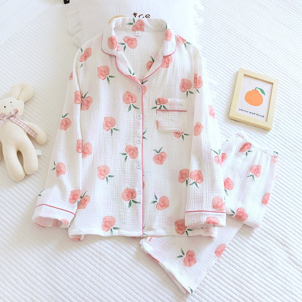 Spring New Ladies Pajamas Set Heart Printed Crepe Cotton Double-layer Gauze Turn-down Collar Long-sleeve Trousers Household Wear - Lakhufashion